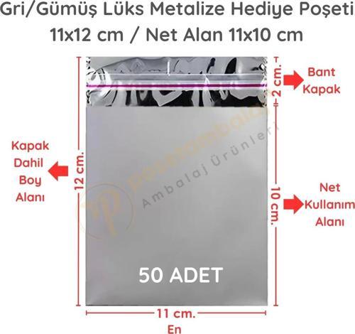 11x12 cm Gümüş Renk Bantlı Lüks Metalize Hediyelik Poşet (50 Adet)
