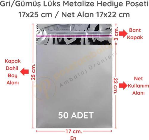 17x25 cm Gümüş Renk Bantlı Lüks Metalize Hediyelik Poşet (50 Adet)