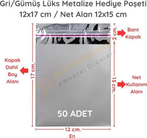 12x17 cm Gümüş Renk Bantlı Lüks Metalize Hediyelik Poşet (50 Adet)