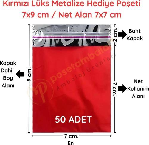 7x9 cm Kırmızı Renk Bantlı Lüks Metalize Hediyelik Poşet (50 Adet)