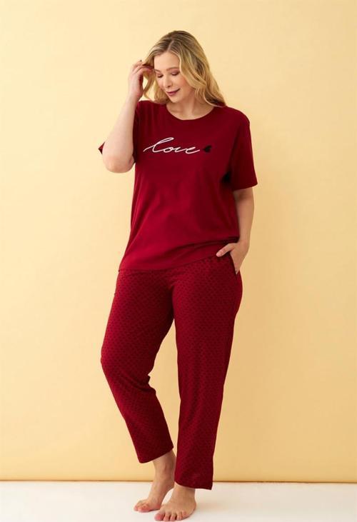 Kadın Bordo Love Yazılı Büyük Beden Pijama Takımı
