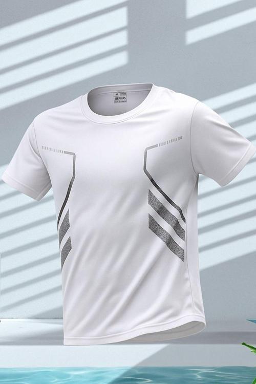 Erkek Spor Tişört Antreman Gym Polyester Erkek Sporcu T-shirt ŞERİTLİ-TİŞÖRT