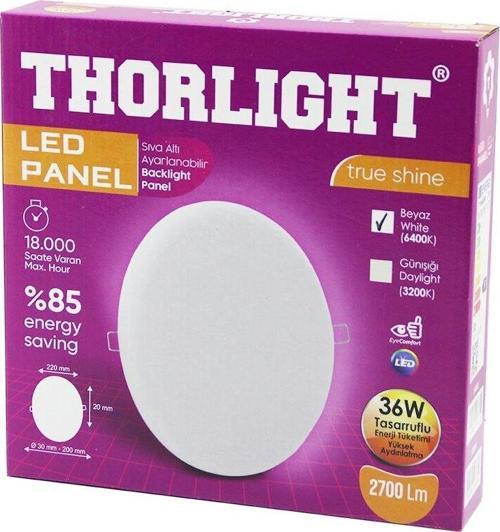 THORLIGHT S-236 36W 22CM BEYAZ LED PANEL SIVA ALTI AYARLI MANDALLI 6400K - 2700LM - 18000 SAAT - 2835 SMD (2818)