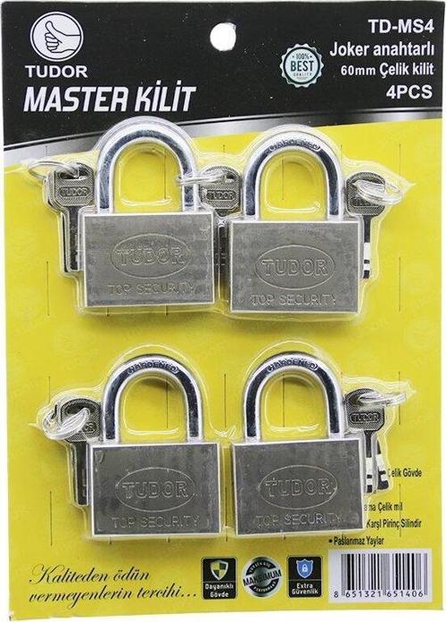TUDOR TD-MS4 MASTER 4PCS JOKER ANAHTARLI=TEK ANAHTARLA 4 KİLİT AÇ  60MM - GRİ KISA KANCALI ÇELİK ASMA KİLİT (2818)