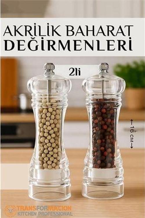 Modacar Baharat Öğütücü - Baharat Karabiber Tuz Değirmeni Ahşap Akrilik Kristal 2 li SET