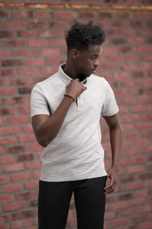 Regular Fit Likralı Kendinden Desenli Polo Yaka T-shirt