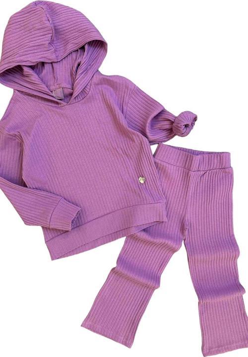 Kız Çocuk Kapüşonlu Sweatshirt Beli Lastikli Fitilli Lila Alt Üst Takım