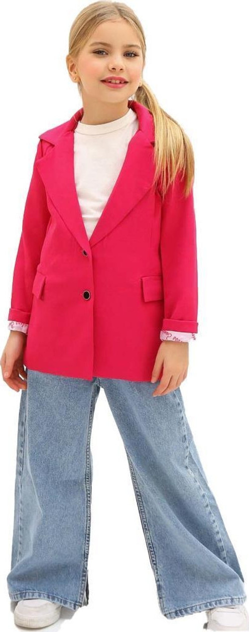 Kız Çocuk Bol Kesim Pantolon ve Blazer Ceket Pembe Alt Üst Takım
