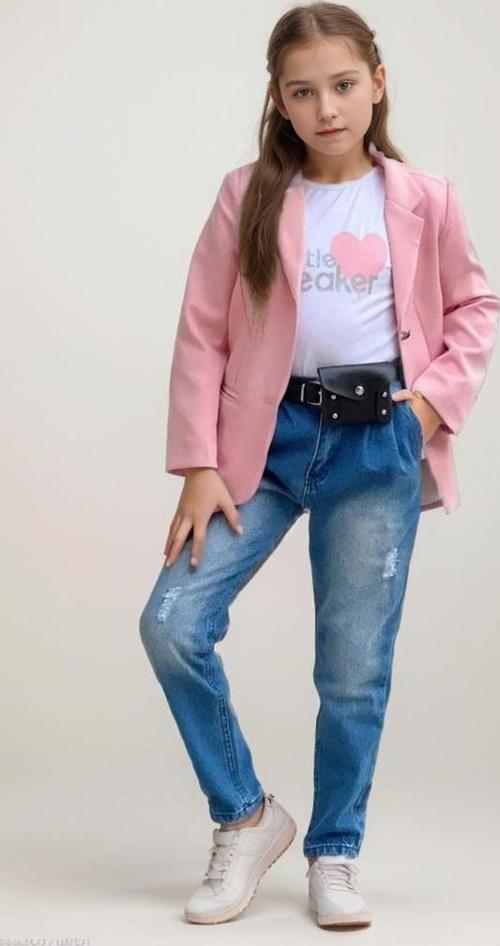 Kız Çocuk Kalp ve Little Baskılı Tişört ve Jean Pudra Blazer Ceket Alt Üst Takım