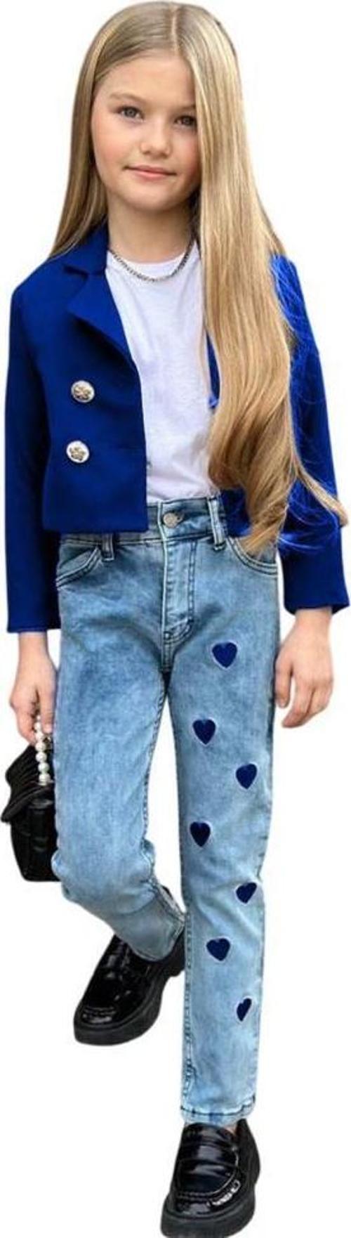 Kız Çocuk Gümüş Düğme Detaylı Lacivert Blazer Ceket Kalp Detaylı Jean Pantolon Alt Üst Takım 2251205017
