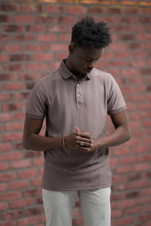 Regular Fit Likralı Kendinden Çizgili Polo Yaka T-Shirt