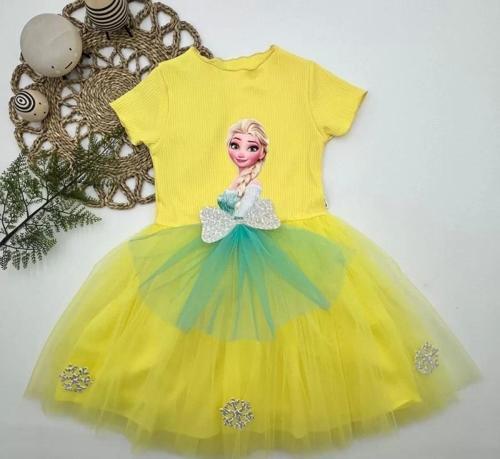 5-6-7 Yaş Elsa Desenli Fiyonklu Tül Etekli Astarlı Kısa Kollu Kız Çocuk Tütü Elbise Sarı