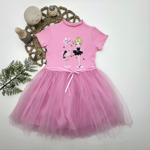 5-6-7 Yaş Flamingo Balerin Kız Baskılı Kurdela Kuşaklı Astarlı Kız Çocuk Tütü Elbise Pembe