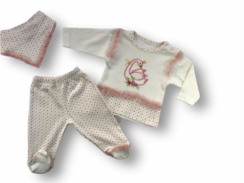 3-6 6-9 9-12 Ay Kraliçe Kuğu Nakışlı Bandajlı Uzun Kollu Sweatli 3lü Kız Bebek Takımı Ekru