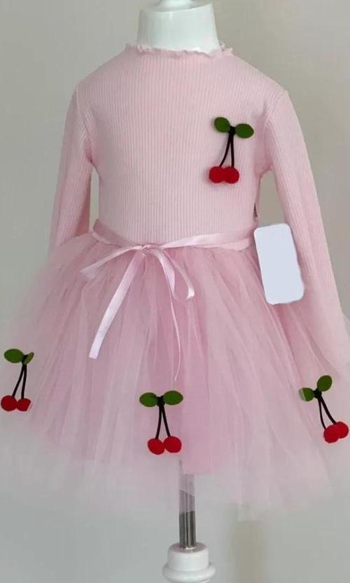 5-6-7 Yaş Kiraz Desenli Kurdela Kuşaklı Astarlı Uzun Kollu Kız Çocuk Tütü Elbise Pembe