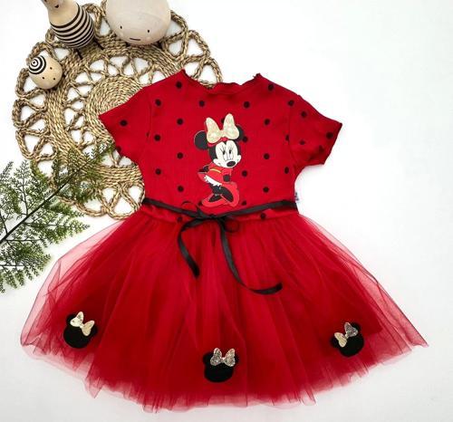 2-3-4 Yaş Puantiyeli Mickey Baskılı Kurdela Kuşaklı Astarlı Kız Bebek Tütü Elbisesi Kırmızı
