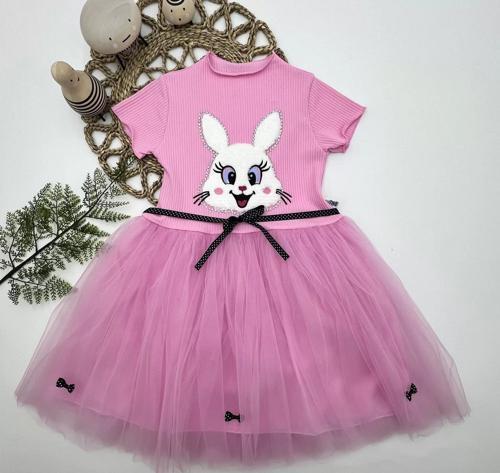 5-6-7 Yaş Payetli Tavşan Baskılı Kız Çocuk Elbisesi Pembe
