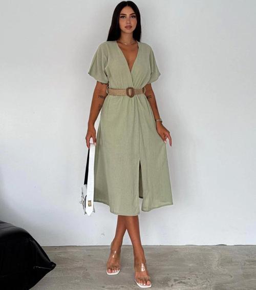 Hasır Kemerli V Yaka Yazlık Şık Kadın Elbise – Günlük & Özel Gün Kombini