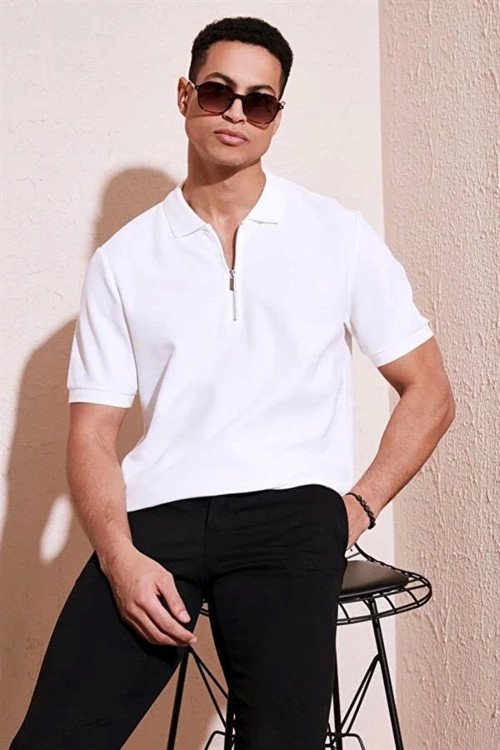 2570 Fermuarlı Polo Yaka Merselize Kumaş Kolu Ve Beli Lastikli Erkek TShirt Beyaz