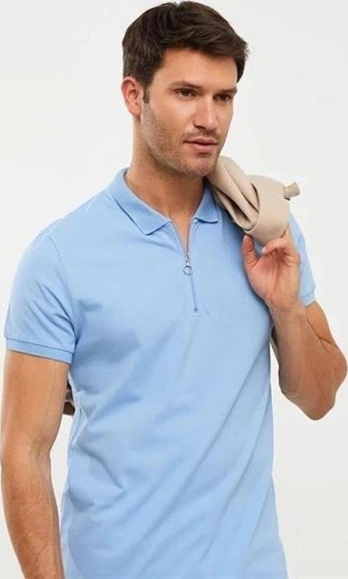 2570 Fermuarlı Polo Yaka Merselize Kumaş Kolu Ve Beli Lastikli Erkek TShirt Mavi