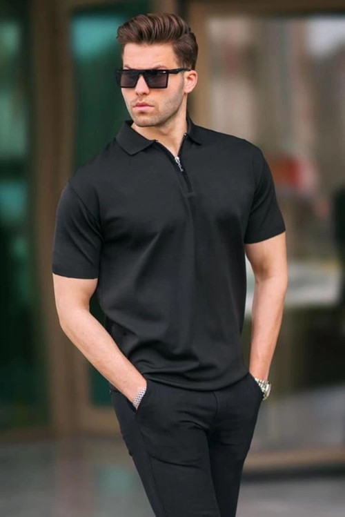 2570 Fermuarlı Polo Yaka Merselize Kumaş Kolu Ve Beli Lastikli Erkek TShirt Siyah