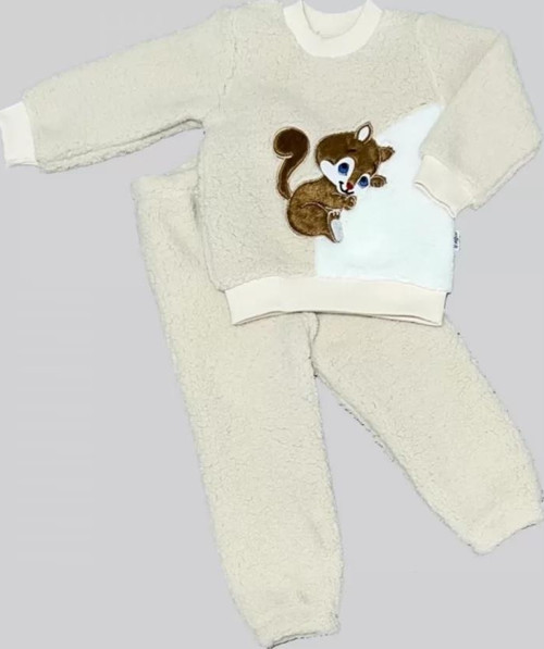 1-2-3 Yaş Masum Yavru Sincap Nakışlı Kuzu Kumaş Sweat Pantolon 2li Kız Erkek Bebek Takımı Bej