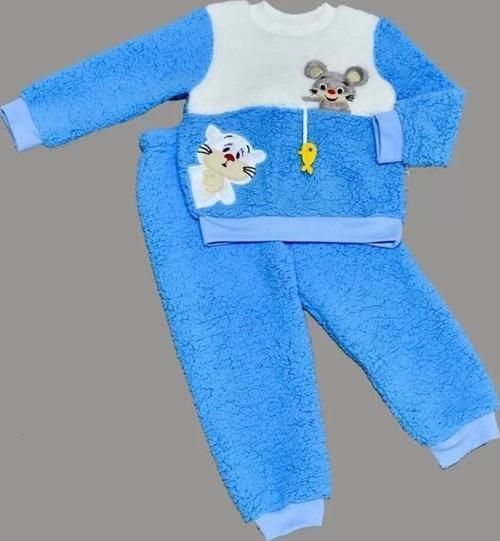 1-2-3 Yaş Sallanan Balık Nakışlı Kuzu Kumaş Sweat Pantolon Uzun Kollu Kız Erkek 2 Li Takımı Saks Mav