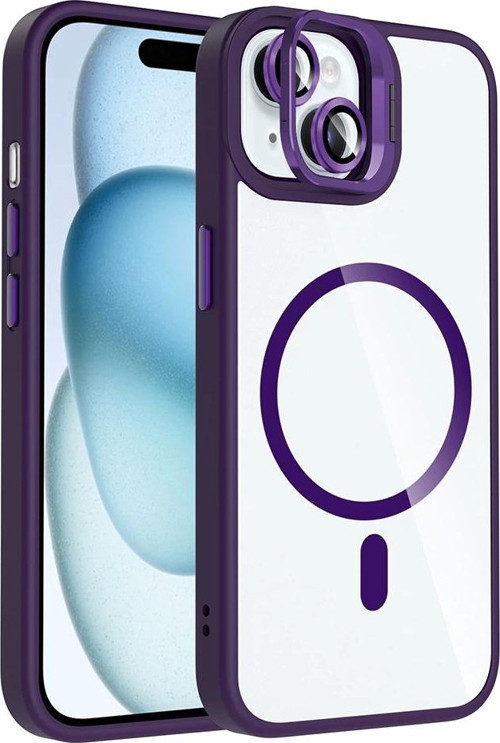 Apple iPhone 15 Kılıf Standlı ve Kamera Lens Hediyeli M-Safe Şarj Özellikli Zore Etro Kapak