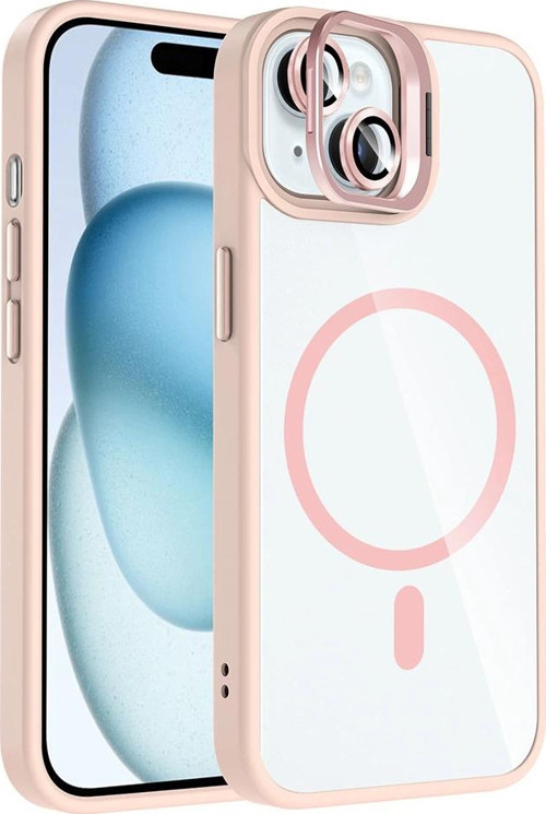 Apple iPhone 15 Kılıf Standlı ve Kamera Lens Hediyeli M-Safe Şarj Özellikli Zore Etro Kapak