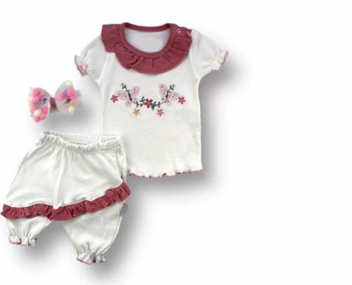 6-9 9-12 12-18 Ay Çiçek Nakışlı Roman Şalvar Bandanalı Kısa Kollu Sweat 3lü Kız Bebek Takımı Nar Çiç