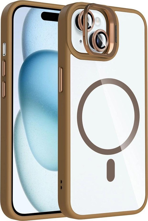 Apple iPhone 15 Kılıf Standlı ve Kamera Lens Hediyeli M-Safe Şarj Özellikli Zore Etro Kapak