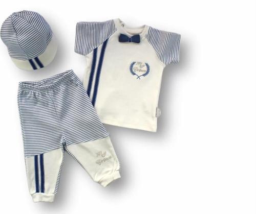 3-6 6-9 9-12 Ay My Prince Nakışlı Şapkalı Kısa Kollu Sweatli 3lü Erkek Bebek Takımı Ekru
