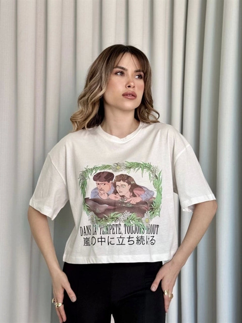Oversize Beyaz Baskılı Crop Kadın T-Shirt