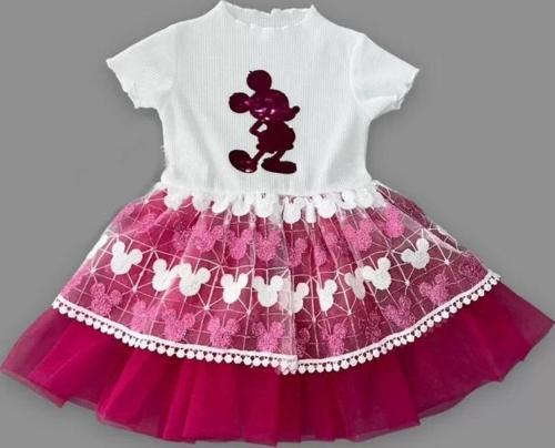 1-2-3 Yaş Payetli Mickey Baskılı Brode Etekli Kız Bebek Elbisesi Fuşya