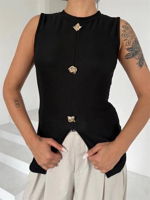Kadın siyah bisiklet yaka gold düğmeli ottoman bluz s2310