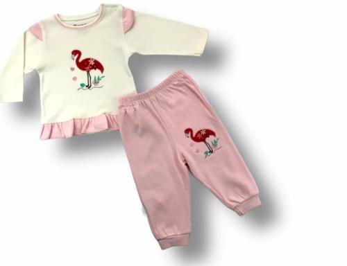 3-6 6-9 9-12 Ay Flamingo Nakışlı Uzun Kollu Sweatli 2li Kız Bebek Takımı Ekru
