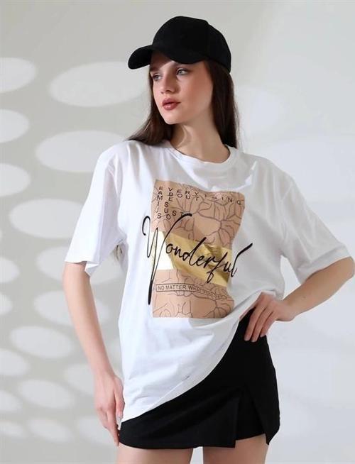 Varak Baskılı imza desen Kadın T-Shirt