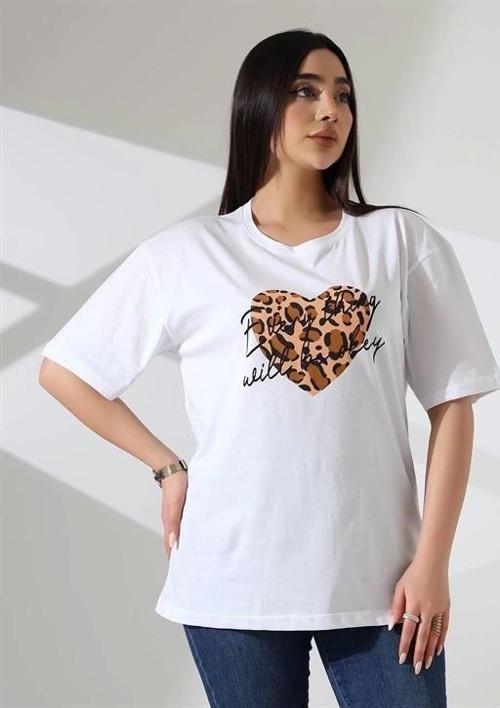 Leopar kalp Baskılı Kadın T-Shirt