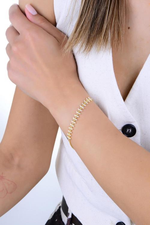 Gümüş altın yaldızlı baget kesim zirkon taşlı hareketli kırkayak model bileklik [barcode]