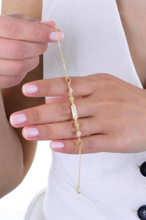 Gümüş altın yaldızlı ortası sedef ve zirkon taşlı yonca modeli flora bileklik [barcode]
