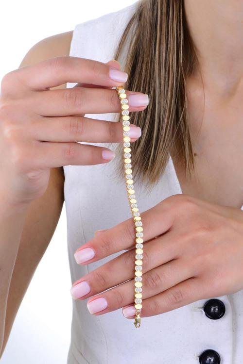 Gümüş altın yaldızlı zirkon taşlı elips modeli sıralı bileklik [barcode]