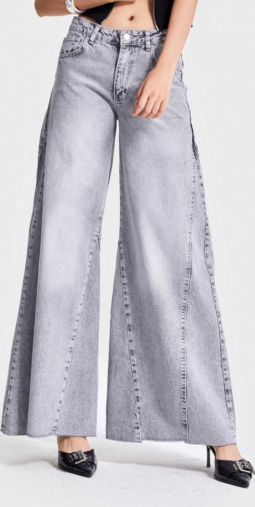 Kadın Gri Renk 4s5-12 Palazzo Fit İç Boy 83cm %100 Koton Orta Bel Denim Jean
