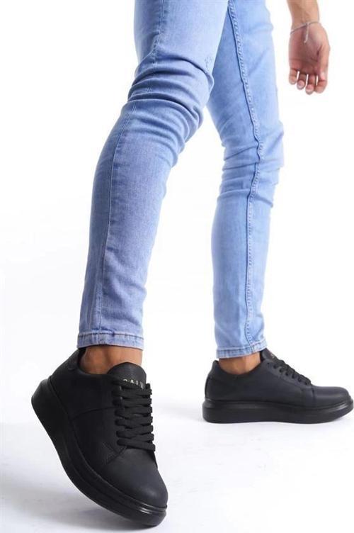SLW151 Boost Bağcıklı Cilt Erkek Günlük Sneaker Ayakkabı CST - Siyah