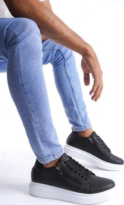 SLW155 Warrior Bağcıklı ve Fermuarlı Cilt Erkek Günlük Sneaker Ayakkabı CBT - Siyah