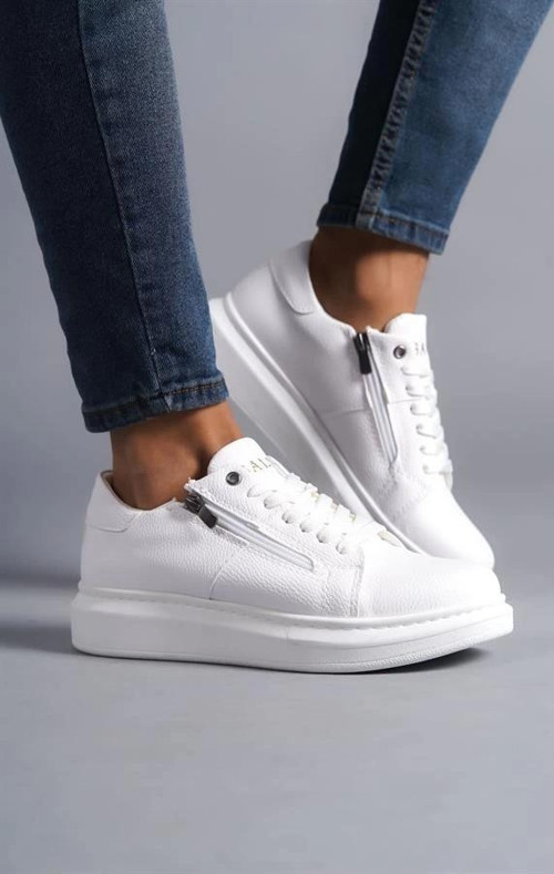 SLW155 Warrior Bağcıklı ve Fermuarlı Cilt Erkek Günlük Sneaker Ayakkabı CBT - Beyaz