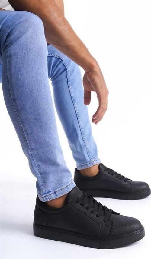SLW165 Elite Bağcıklı Cilt Erkek Günlük Sneaker Ayakkabı CST - Siyah