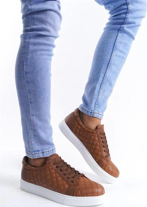 SLW166 Prestige Bağcıklı Cilt Kapitone Desenli Erkek Günlük Sneaker Ayakkabı CBT - Taba