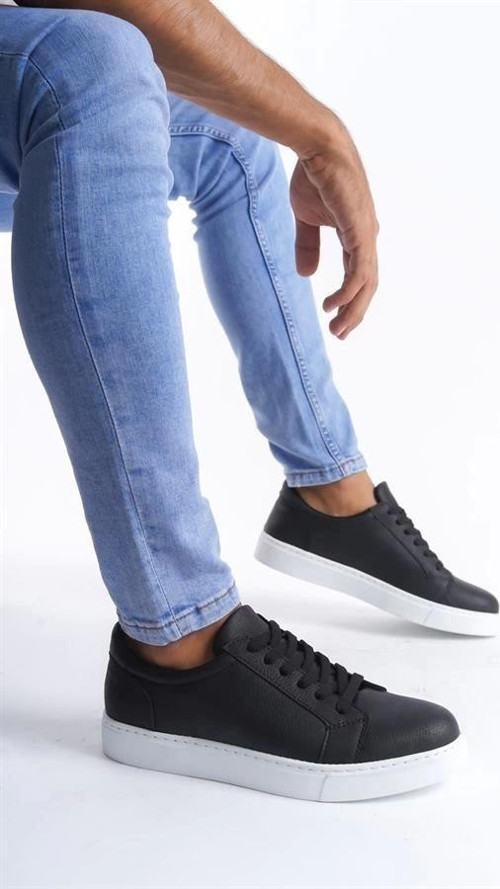 SLW165 Elite Bağcıklı Cilt Erkek Günlük Sneaker Ayakkabı CBT - Siyah