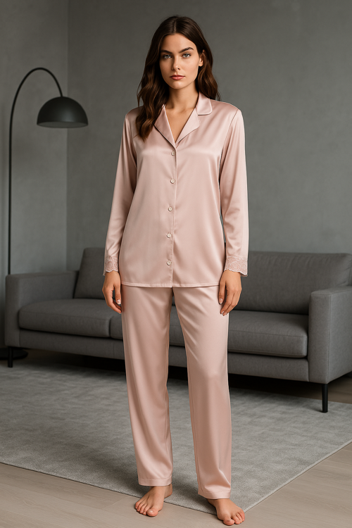 Lüks Kutulu Saten Pijama Takımı – Dantel Kollu, Uzun Kollu, Kore İpeği Dokulu, Çeyizlik Hediye Seçeneği