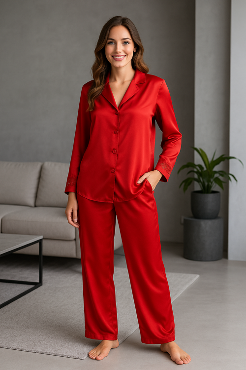 Lüks Kutulu Saten Pijama Takımı – Dantel Kollu, Uzun Kollu, Kore İpeği Dokulu, Çeyizlik Hediye Seçeneği